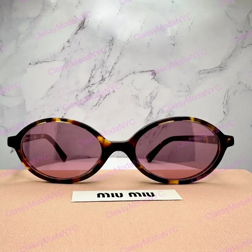 New MIU MIU Sunglasses Brown Tortoise Round Acetate Gold Metal Logo Authentic